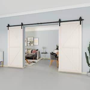 12 ft./144 in. Black Steel Straight Strap Sliding Barn Door Track and Hardware Kit for Double Doors with Floor Guide