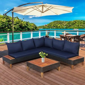4-Piece Rattan Wicker Patio Conversation Set with Navy Cushioned