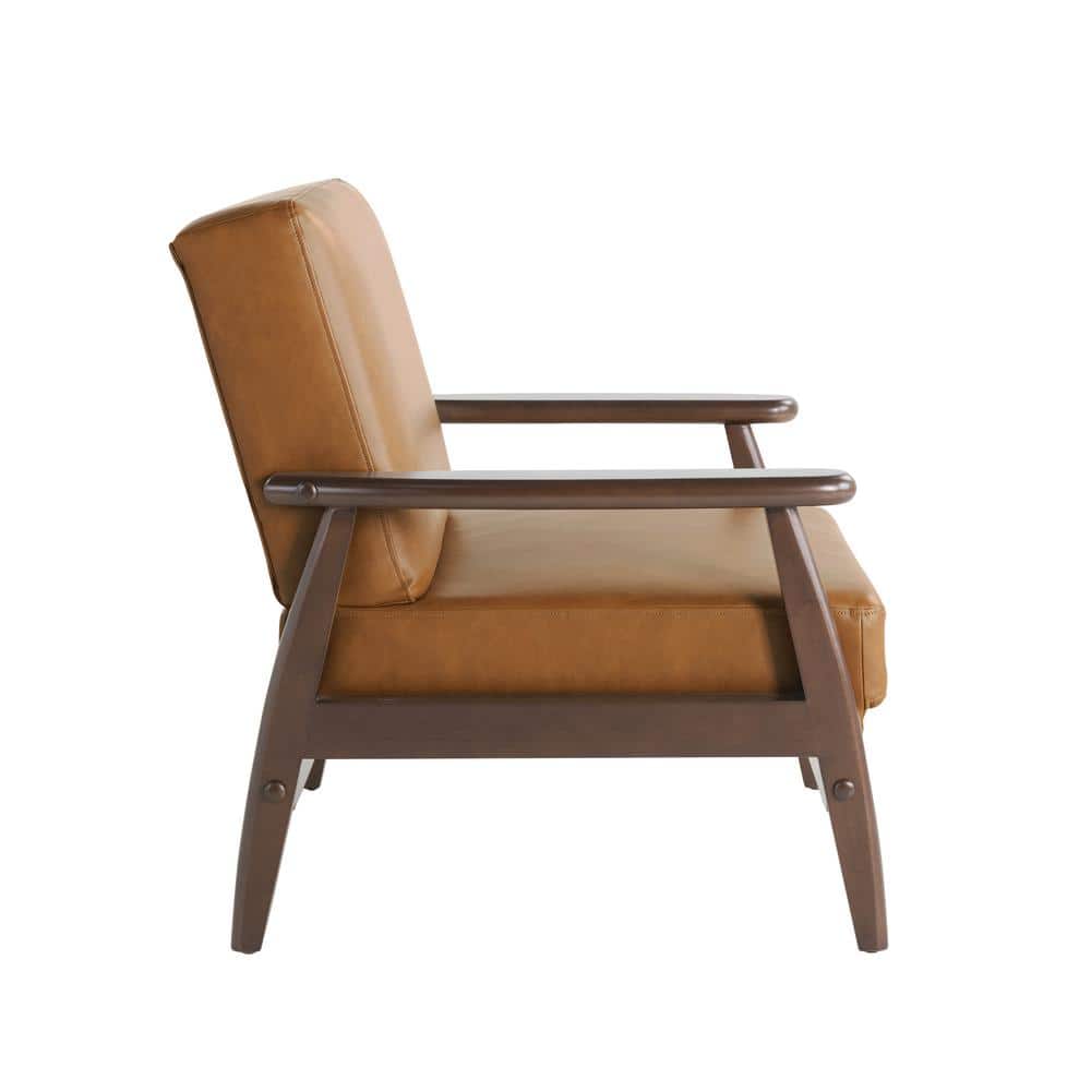 Caramel Faux Leather Barrel Accent Chair with Wood Frame