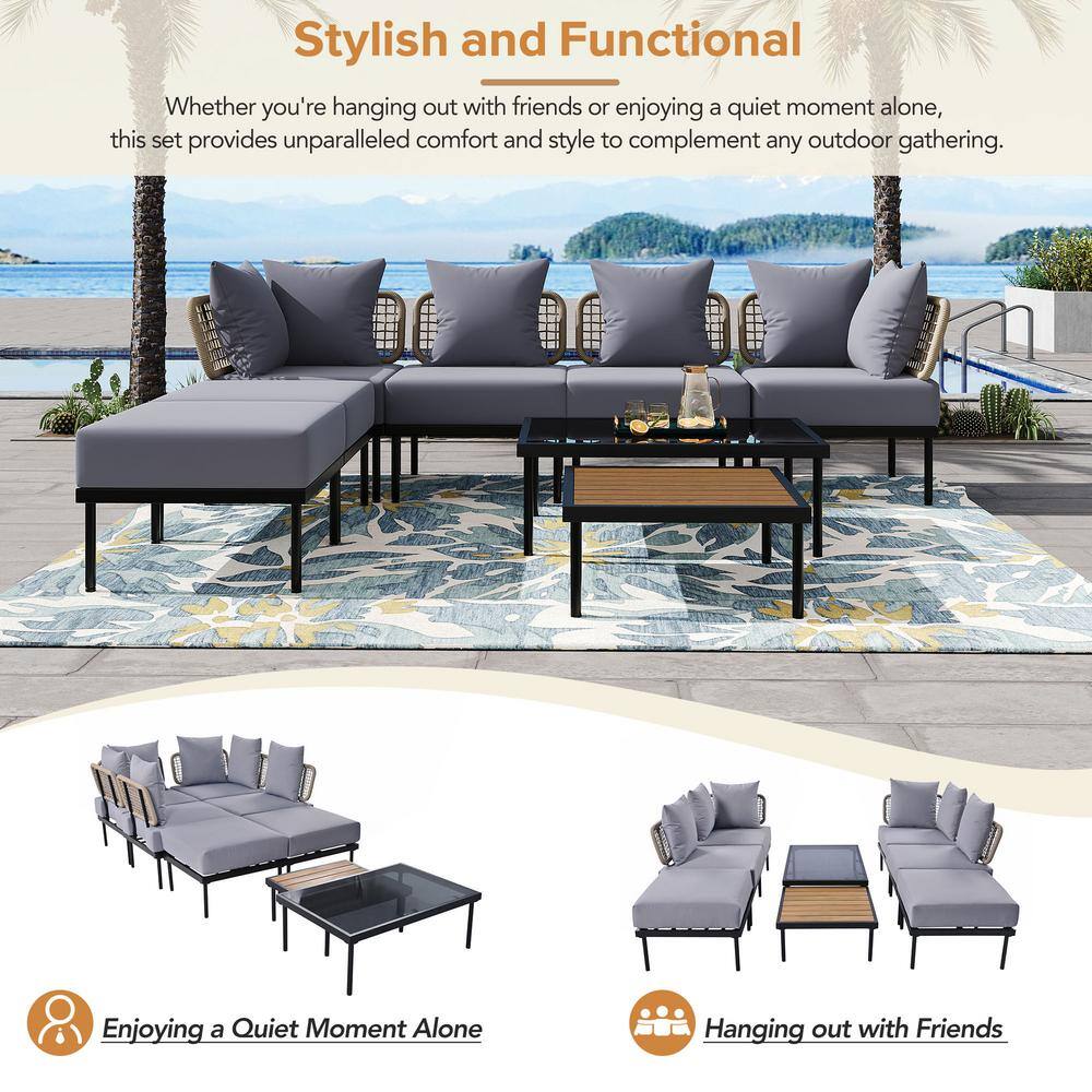 8-Piece Light Grey Steel Patio Sectional Sofa Set with Cushions