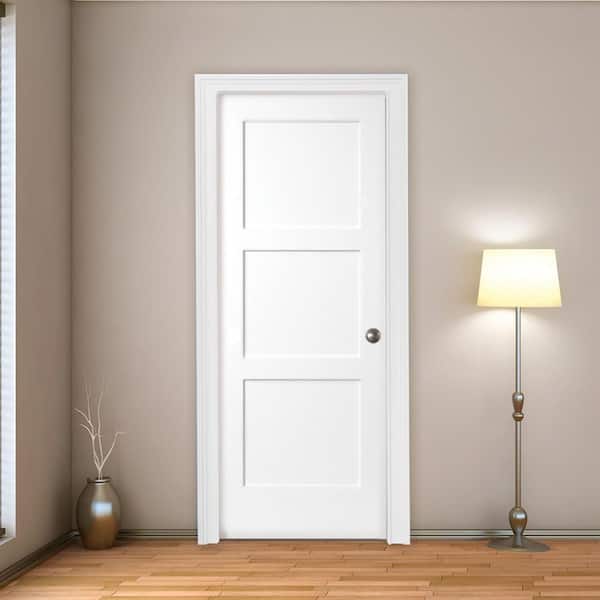 32 in. x 80 in. 3-Panel Equal Primed White Shaker Solid Core Wood Interior Door Slab