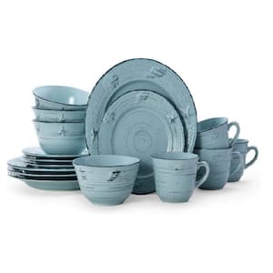16-Piece Ceramic Trellis White Dinnerware Set, Service of 4, Teal
