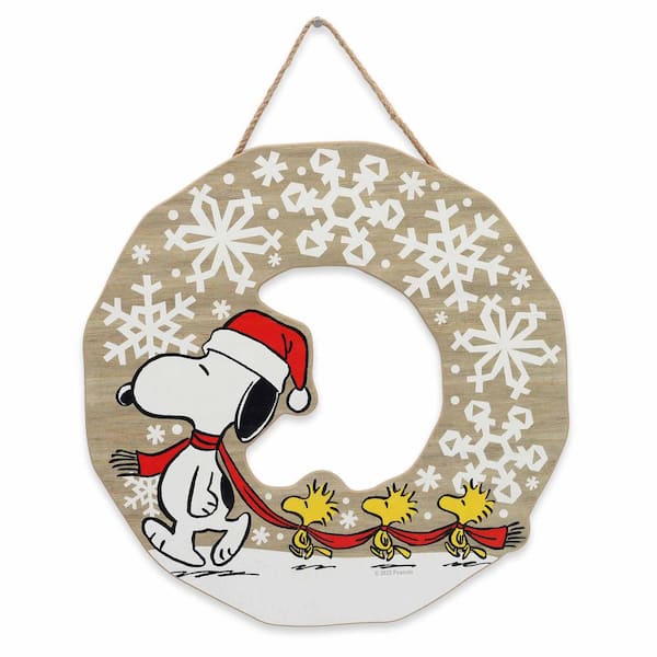 Peanuts Snoopy and Woodstock Snowflake Wreath Christmas Hanging Wood Decorative Sign