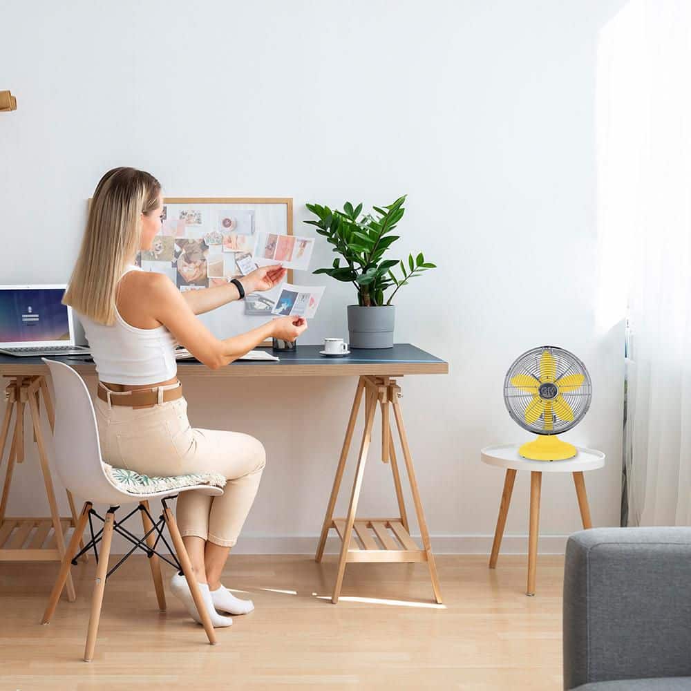 Yellow and Silver 12" Metal Oscillating Retro Table Fan