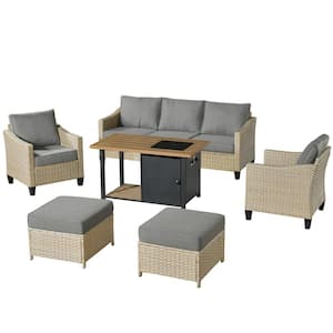 Oconee 6-Piece Wicker Modern Outdoor Patio Conversation Sofa Seating Set with a Storage Fire Pit and Dark Gray Cushions
