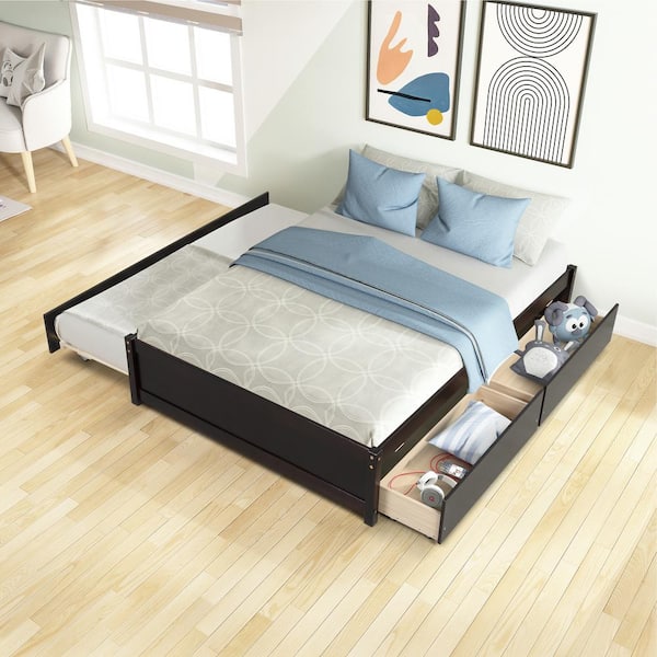 Qualler Espresso Full Size Bed with Twin Size Trundle and 2-Drawers