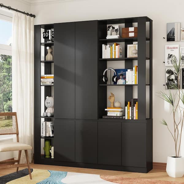 FUFU&GAGA 70.9 in. Tall Black Wood 18-Shelf Wooden Standard Bookcase, Storage Cabinet with 6-Doors and Open Storage