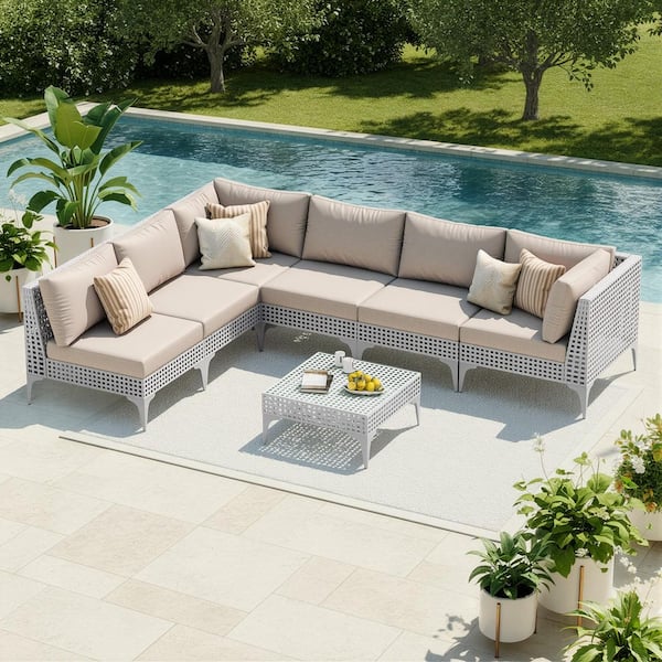FINCATI 7-Piece Outdoor Wide Rattan Sectional Sofa Set Wicker Patio Conversation Set with Beige Cushions and Coffee Table