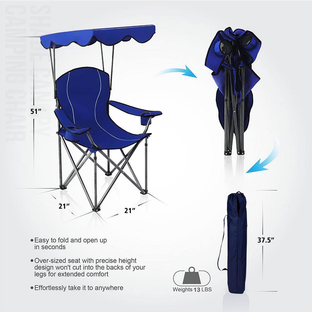 Blue Portable Folding Camping Chair with Canopy and Cup Holders