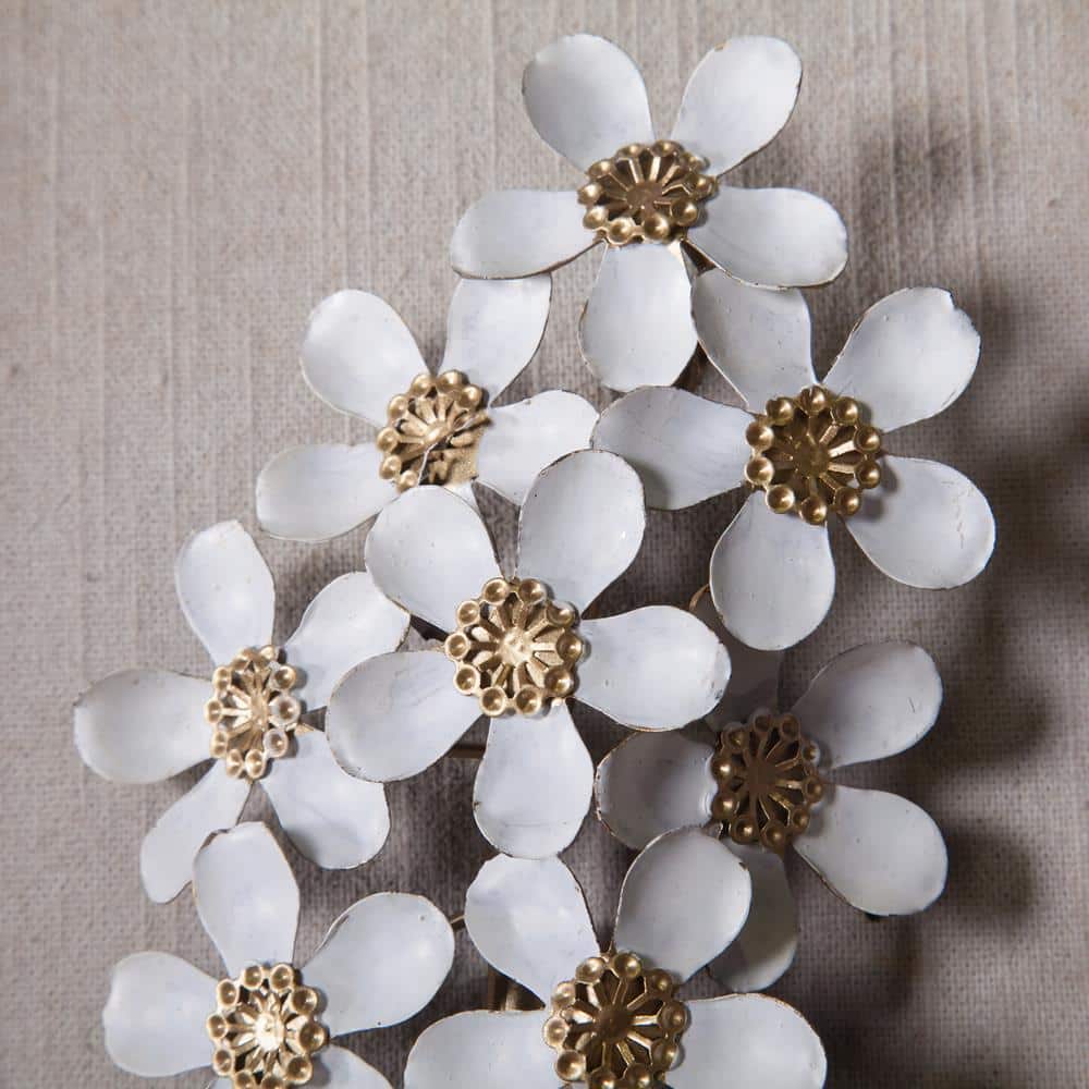 Set of 2 White and Gold Metal Flower Shadowbox with Wood Frame