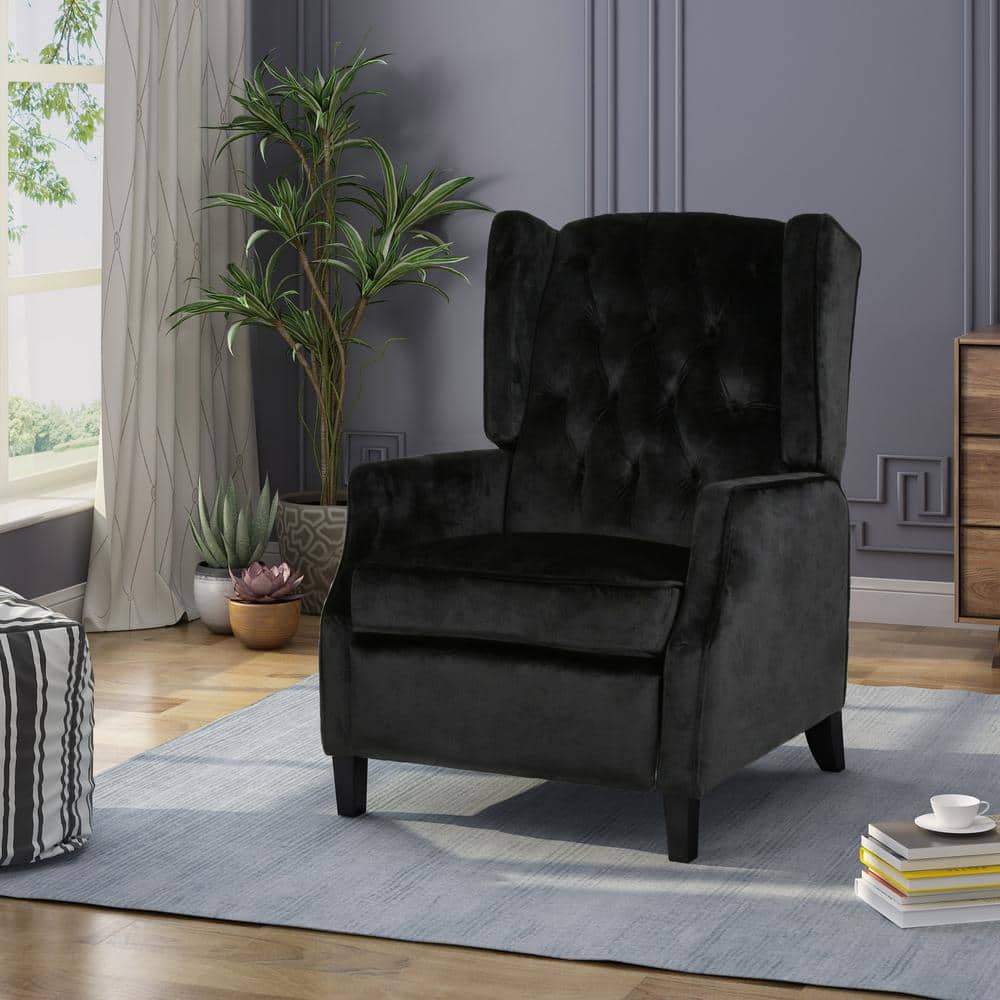 Handcrafted Black Velvet Wingback Recliner with Wood Legs
