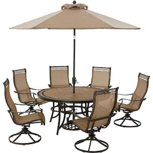 Monaco Bronze 7-Piece Aluminum Outdoor Dining Set, 6 Rocker Chairs, 60 in. Round Tile Table, Umbrella and Base