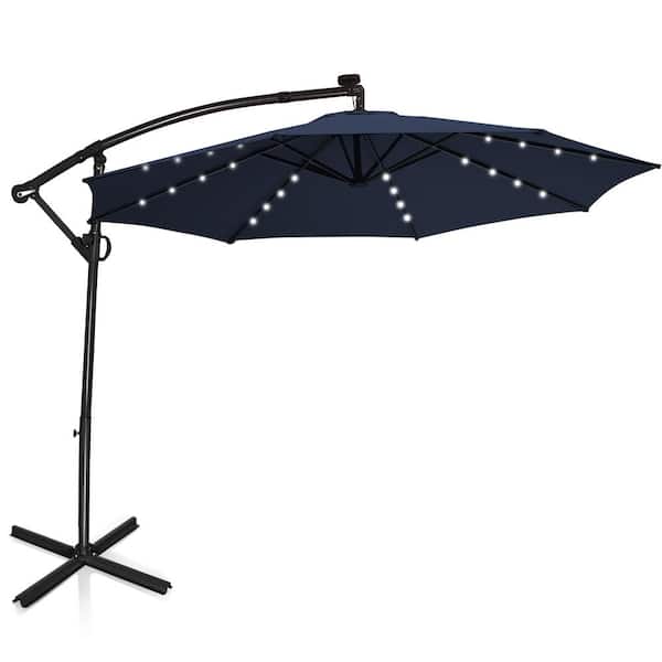Costway 10 ft. 360° Rotation Aluminum Offset Cantilever Solar Tilt Patio Umbrella LED Lights in Navy