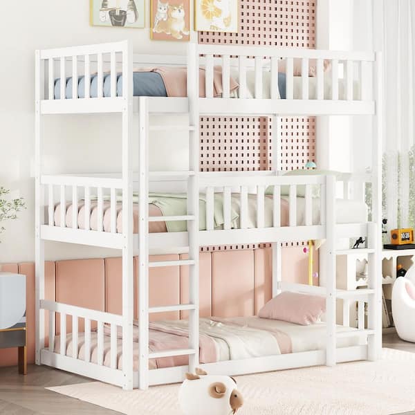 White Triple Twin Size Bunk Bed with Ladders and Detachable Guardrails