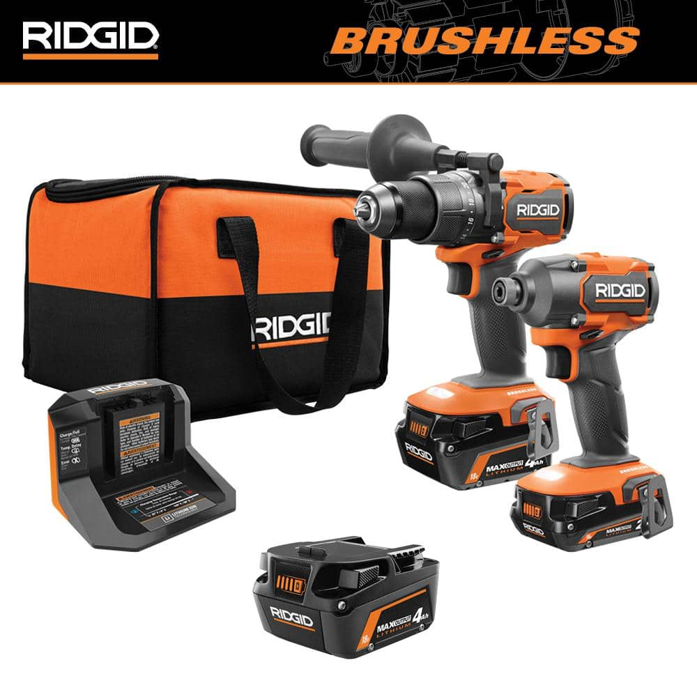 18V Brushless Cordless 2-Tool Combo Kit with Hammer Drill, Impact Driver, (3) Batteries, Charger, and Bag -  RIDGID, R9208-AC840040