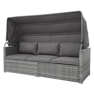 Gray 5-Pieces Wicker Patio Conversation Sectional Seating Set with Canopy and Gray Cushions