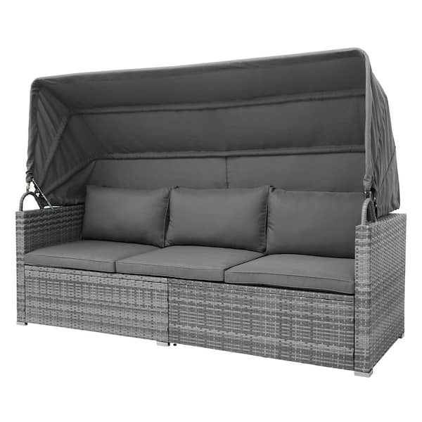 Cesicia Gray 5-Pieces Wicker Patio Conversation Sectional Seating Set with Canopy and Gray Cushions