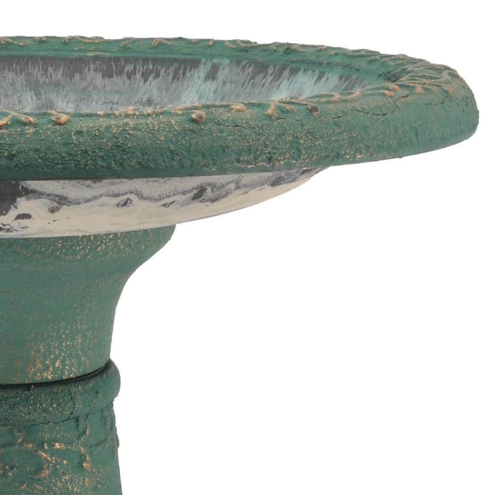 Green Fiberclay Ornate Floral Standing Birdbath