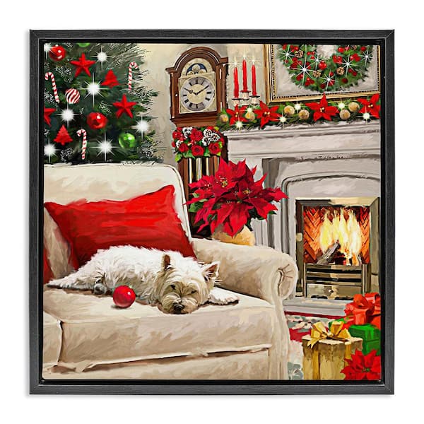 Stupell Industries Cozy Dog by Holiday Mantle by Adam Sanderson 1-Piece Floater Frame Graphic Print Animal Poster Art Print 18 in. x 18 in.