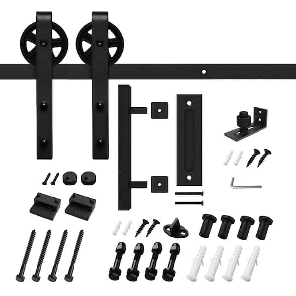 Movisa 5 ft./60 in. J-shaped Sliding Single Barn Door Hardware Kit with Large Wheel Rollers and Square Handle