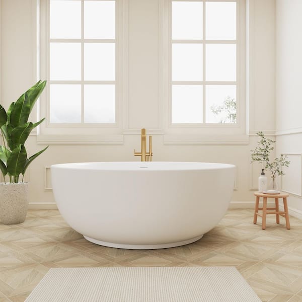 59 in. x 59 in. Solid Surface Stone Resin Freestanding Bathtub Round Soaking Bathtub in Matte White