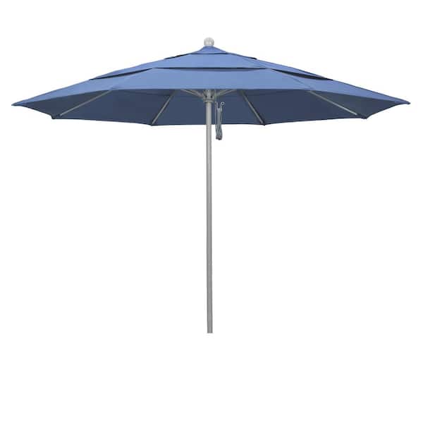 California Umbrella 11 ft. Gray Woodgrain Aluminum Commercial Market Patio Umbrella Fiberglass Ribs and Pulley Lift in Frost Blue Olefin