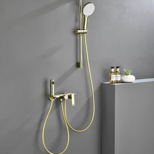 Single Handle 2-Spray Wall Mounted Bathtub Faucets Tub and Shower Faucet Filler with Diverter 2.4 GPM in Brushed Gold
