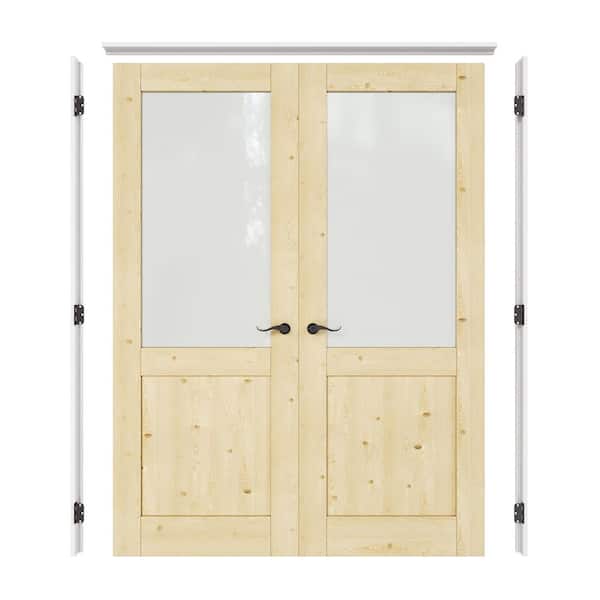 ARK DESIGN 34 in. x 80 in. 1/2-Lite Frosted Glass Solid Core Unifinished Pine Wood Double Prehung French Door with Assemble Jamb