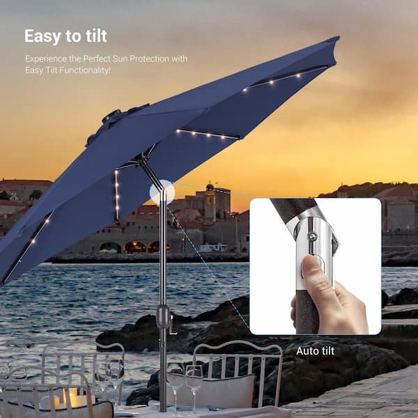 9 ft round patio umbrella CABANA with Black Base Weight Included, Black/White Stripe Embrace the suns energy with our advanced solar panel technology Fiona Garden Stripe Crank &