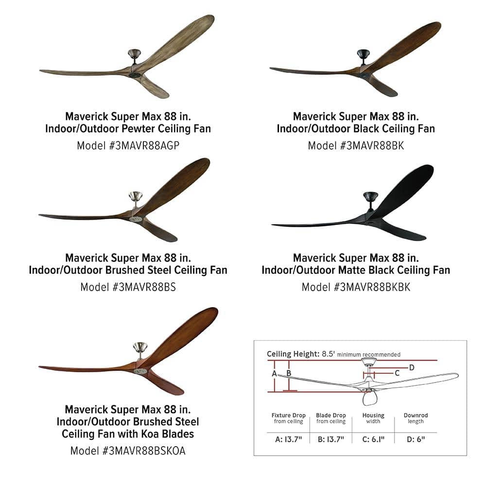 88 Inch Brushed Steel Ceiling Fan with Koa Wood Blades and Remote
