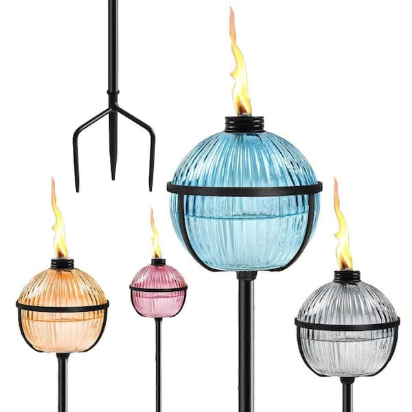 Citronella Torches Set of 4,16 oz Glass Garden Torches with 3-Prong Grounded Stake, 58.6 inch Outdoor Torch