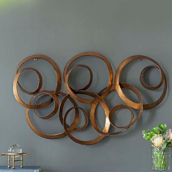 38 in. x 22 in. Gold Metal Work Wall Art Metal Abstract Home Wall Decor Interlocking Rings Wall Sculpture