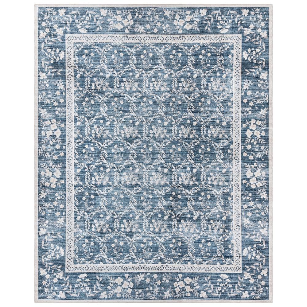 Vela Navy and Ivory Floral Print 8' x 10' Synthetic Area Rug