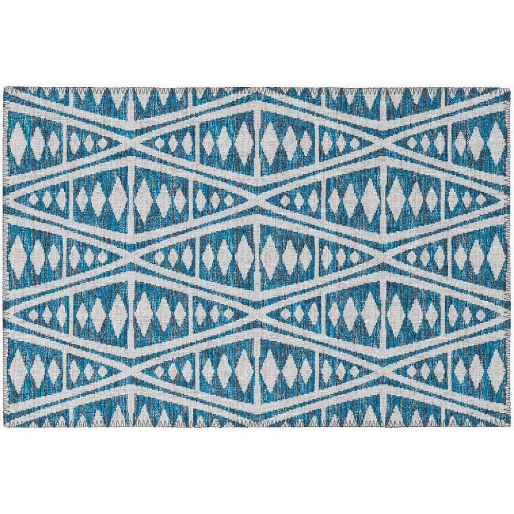 Yuma Blue 1 ft. 8 in. x 2 ft. 6 in. Geometric Indoor/Outdoor Washable Area 