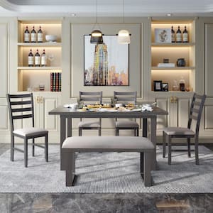 6-Piece Rrectangle Wood Top Gray Dining Table Set with 4 Chairs and Bench