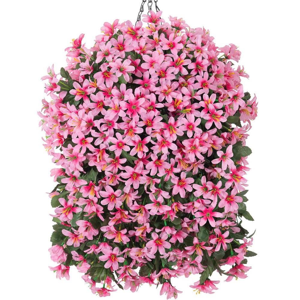 26.3 in. H Pink Artificial Lily Flowers in Basket, Outdoor Indoor