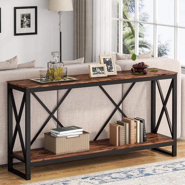 TRIBESIGNS WAY TO ORIGIN Ellie 70.9 in. Vintage Brown Rectangle Wood Console Table, 2-tier Industrial Sofa Table Hallway Table for Home Office