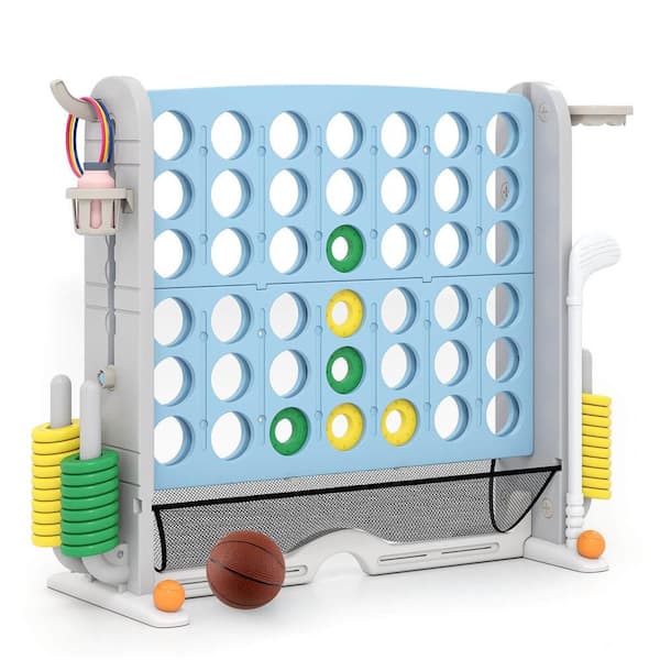 Giant 4-in-a-Row Game Set with Ring-toss, Basketball Hoop, Golf Club and Cup Holders Light Blue Plus Gray