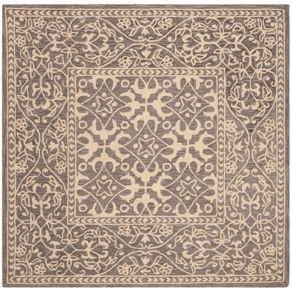 Suzani 5 ft. x 5 ft. Gray/Beige Oriental Border Square Area Rug