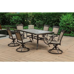 7 -Piece Aluminum Porcelain-Top Outdoor Dining Set with Sling Fabric Swivel Rocker Chair and 68 in. Rectangle Table