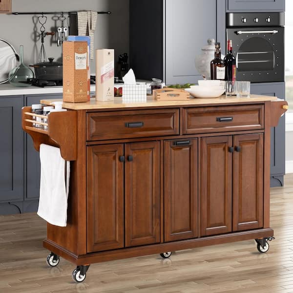 Mahogany Rubberwood Kitchen Cart with Spice Rack, Towel Rack, Adjustable Shelves and 3-Drawers