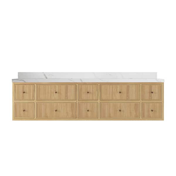 Willow Collections Sonoma Floating 84 in. H Double Sink Freestanding Light Natural Bath Vanity with Calacatta Laza Qt. Top Unassembled