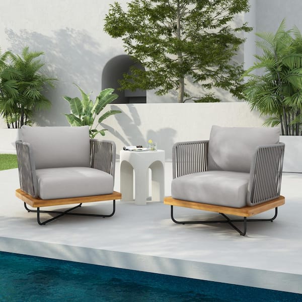CHRISTOPHER KNIGHT HOME Cassants Cassants Upholstered Outdoor Patio Club Chair with Iron Base, Acacia Wood, Light Grey, Set of 2