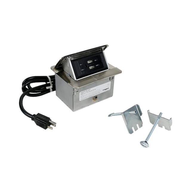 Legrand deQuorum Pop Up Countertop Box with 15 Amp USB Charging Tamper Resistant Receptacle and 6 ft. Cord, Stainless Steel