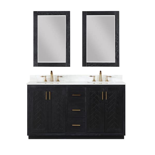 Gazsi 60 in. W x 22 in.D x 34 in. H Double Sink Bath Vanity in Black Oak with White Composite Stone Top and Mirror