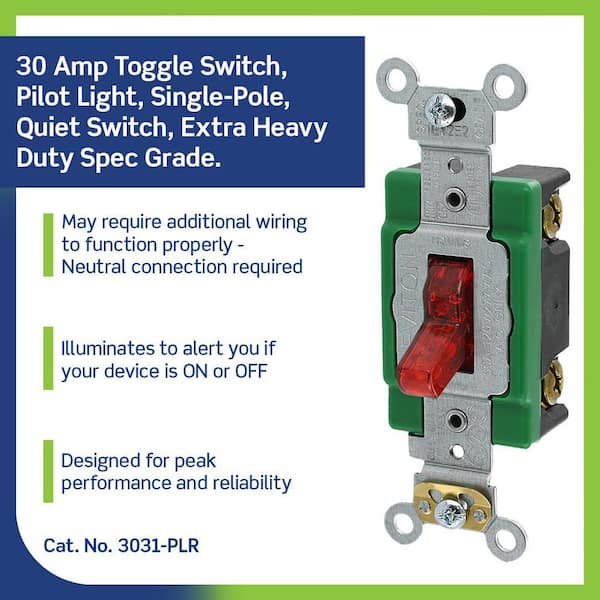 30 Amp Industrial Grade Heavy Duty Single-Pole Pilot Light Toggle Switch, Red 3031-PLR
