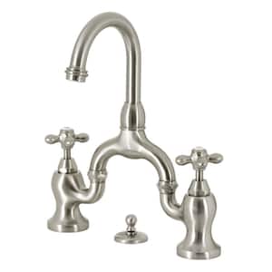 English Country Bridge 8 in. Widespread 2-Handle Bathroom Faucet with Brass Pop-Up in Brushed Nickel