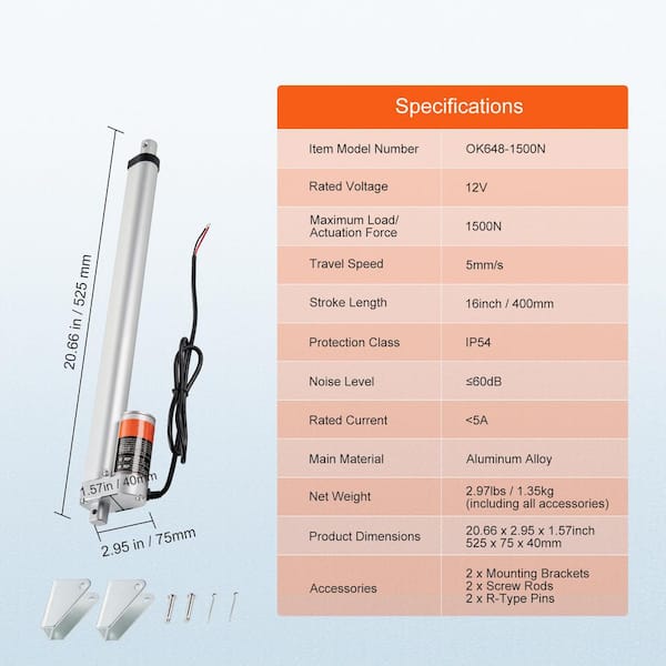 DCHOUSE 2pcs 16 inch stroke linear actuator 12 Volt 12V DC 400mm linear motion actuator wireless remote control kit with linear motor mounting brackets