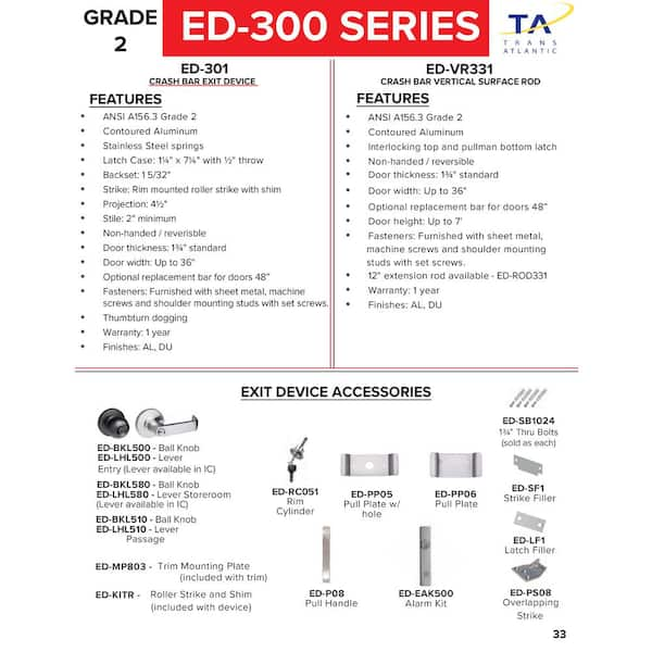 Taco 300 Series Aluminum Grade 2 Commercial 36 in. Surface Vertical Rod  Crash Bar Exit Device ED-VR331-AL - The Home Depot