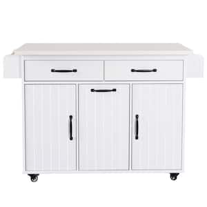 White Wood 51.06 in. Kitchen Island with Adjustable Shelf, Drop Leaf, Spice Rack, Towel Rack and 2-Drawers